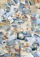 Collage of seashells and coastal-themed elements in a pattern.