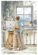 Woman painting by a window with a view of water