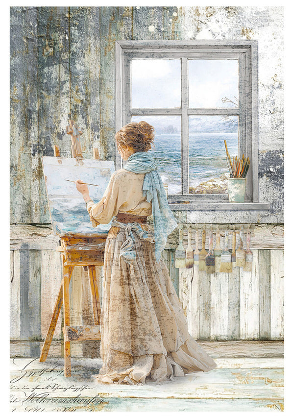 Woman painting by a window with a view of water