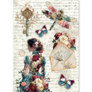 Vintage-style collage artwork featuring a woman in a floral dress, an ornate key, butterflies, a dragonfly, roses, an envelope, and script text on an aged cream background.
