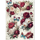 A vintage-style floral and butterfly print featuring deep purple and white peonies, roses, and butterflies over a cream background with faint cursive script.