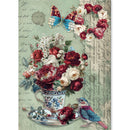 A vintage-style decorative artwork featuring a floral bouquet in a blue-and-white teacup, red and white flowers arranged in a wreath, butterflies, and a small bluebird on a pale green script-patterned background.