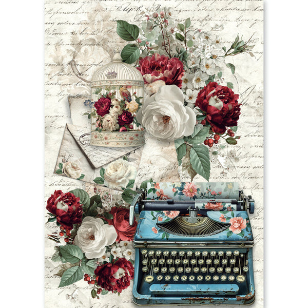 A vintage-style collage design featuring a blue floral typewriter, a birdcage with roses, scattered flowers, and old envelopes over a cream script-paper background.