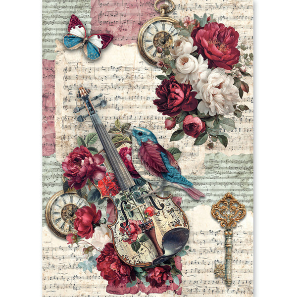 A vintage-style decorative collage featuring a violin with floral print, sheet music, roses, pocket watches, a key, butterflies, and a blue bird on an aged paper background.