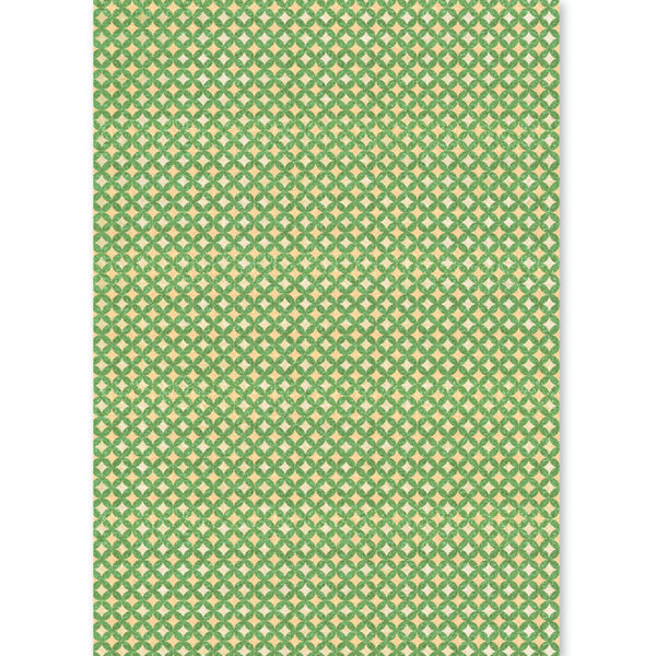 A rectangular sheet of wrapping paper featuring a repeating geometric pattern of green and yellow diamonds on a white background.