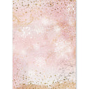 A vertical rectangular print or card featuring a pink and white winter glitter design with gold stars, snowflakes, and decorative line art on a white background.