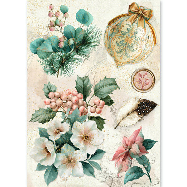 A vintage-style botanical illustration sheet featuring white blossoms, pink berries, teal-green leaves, pine needles, a gold ornament, a feather, and floral motifs on a textured cream background.
