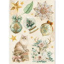 A decorative vintage-style illustration sheet featuring a fluffy cream-colored cat, a deer with floral and eucalyptus details, a snow globe with a Christmas tree, ornate gold and teal ornaments, a green leaf, a snowflake, and gold stars on a warm cream background.