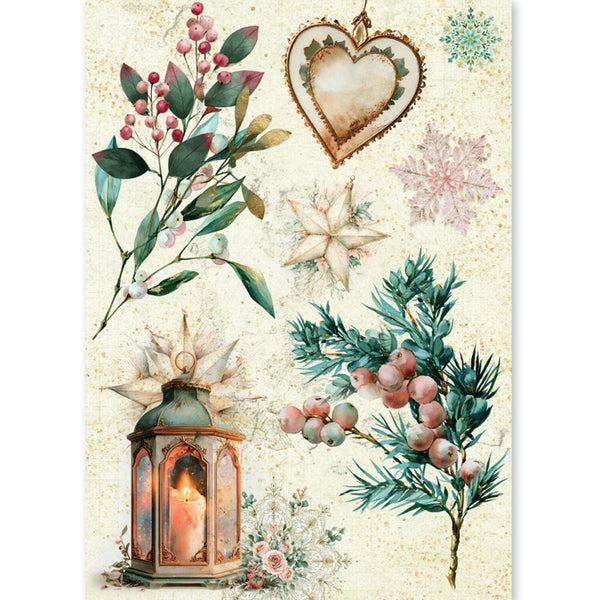 A vintage-style Christmas illustration featuring a heart-shaped ornament, snowflakes, berry branches, a lantern with a candle, and floral motifs on a textured cream background.
