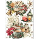 A vintage Christmas-themed collage print featuring a teacup with hot chocolate, poinsettias, bells, a lantern, stars, and a 'Merry Christmas' envelope on an ornate cream background.