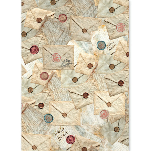 A flat lay of overlapping vintage-style envelopes and letters in warm beige, cream, and tan tones, with antique wax seals in red, blue, and brown and handwritten holiday messages including 'Winter Wishes' and 'Merry Christmas.'.