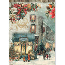 A vintage-style Christmas scene print showing a snowy street with a decorated storefront labeled 'Christmas Shop,' children walking in the snow, evergreen trees, ornaments, poinsettias, and a bird, all rendered in muted pastel tones.