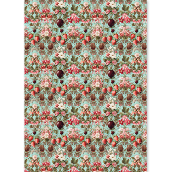 A rectangular fabric or wallpaper panel featuring a dense, repeating vintage floral and fruit pattern on a light aqua background. The design includes pink and red flowers, strawberries, plums, and small hearts in a symmetrical layout.