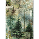 A vertical art print depicting a mystical, layered forest scene with tall pine trees, soft mist, and delicate white sparkles, presented on a white background.
