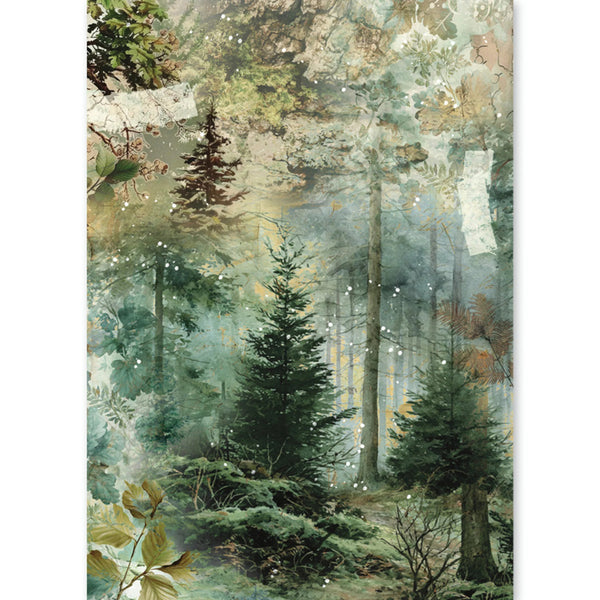 A vertical art print depicting a mystical, layered forest scene with tall pine trees, soft mist, and delicate white sparkles, presented on a white background.