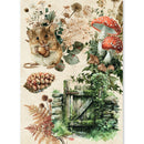 A vertical art print or poster featuring a whimsical woodland scene with a small brown mouse holding an acorn, two red-and-white mushrooms, ferns, leaves, a stone wall, and a weathered wooden gate on a warm beige background.