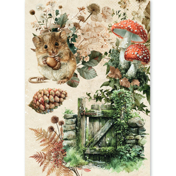 A vertical art print or poster featuring a whimsical woodland scene with a small brown mouse holding an acorn, two red-and-white mushrooms, ferns, leaves, a stone wall, and a weathered wooden gate on a warm beige background.