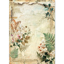 Vintage-style botanical art print featuring distressed beige paper texture with illustrated ferns, leaves, and small flowers in green, cream, pink, and brown tones.