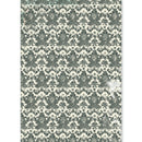 Damask patterned wallpaper or fabric sample with a repeating ornate floral motif in muted gray-green on an off-white background.