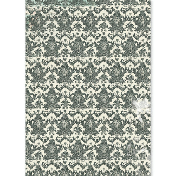 Damask patterned wallpaper or fabric sample with a repeating ornate floral motif in muted gray-green on an off-white background.