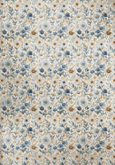 Patterned wallpaper with floral design in blue, beige, and brown tones.