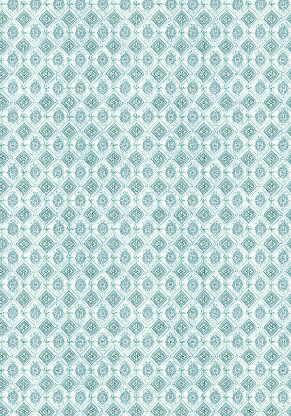 Patterned paper with geometric design in teal on a white background