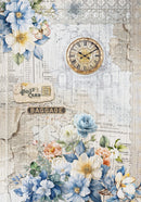 Decorative paper with floral designs, a clock, and text on a textured background