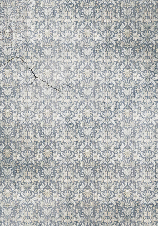 Patterned wallpaper with a floral design in blue and gray tones.