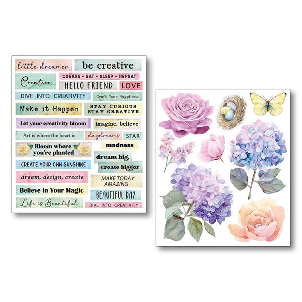 Set of motivational stickers and floral design on a white background