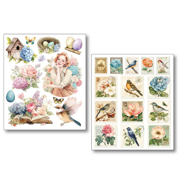 Two sheets of decorative stickers featuring vintage-style illustrations of birds, flowers, and a woman.