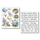Floral and nature-themed print with birds' nests and flowers on a white background, accompanied by a list of phrases.