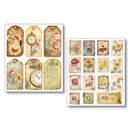Set of decorative tags and stamps with floral and clock designs on a white background.
