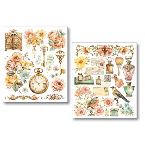 Two decorative sheets with vintage-themed designs featuring flowers, keys, and bottles on a white background.