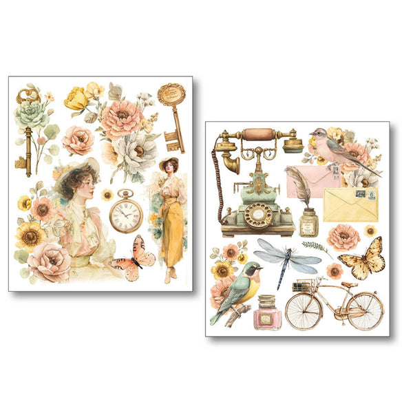 Two vintage-themed sticker sheets with floral, mechanical, and nature elements on a white background.