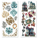 Two vertical sheets of vintage-style decorative stickers or decals on a white background. The left sheet features ornate floral and scroll motifs in gold, blue, gray, and black.