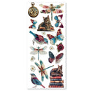 A sheet of vintage-style decorative stickers featuring illustrated butterflies, dragonflies, birds, flowers, a cat, a pocket watch, and a stack of books on a white background.