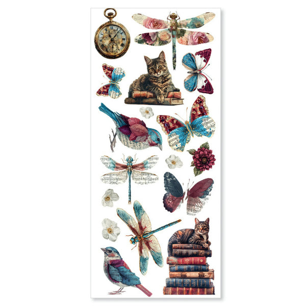 A sheet of vintage-style decorative stickers featuring illustrated butterflies, dragonflies, birds, flowers, a cat, a pocket watch, and a stack of books on a white background.