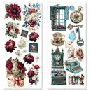 Two vertical sheets of vintage-style decorative stickers or decals featuring floral arrangements, a blue window with flowers, a pocket watch, antique keys, a teacup and saucer, envelopes, a clock, a typewriter, and floral-patterned cups, all on a white background.