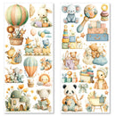 Two sheets of children's stickers with animals, toys, and baby-themed illustrations on a white background.