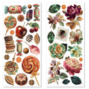 Two vertical sheets of vintage-style botanical and candy illustrations on a white background, featuring flowers, leaves, lollipops, macarons, candies, and fruit in a retro print design.