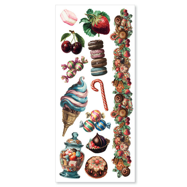 A sheet of decorative candy-themed stickers or decals featuring illustrated sweets such as a strawberry, cherries, macarons, an ice cream cone, candy canes, wrapped candies, a jar of sweets, and a vertical border of assorted confections on a white background.