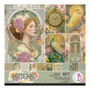 Collection of decorative paper sheets with artistic designs including a woman's portrait, clock, peacock, and floral elements.