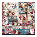 A sheet of Bahnam Buroune scrapbook paper featuring a collage of vintage designs including a typewriter, roses, butterflies, envelopes, a clock, a house, and floral patterns, with a branded border and small preview thumbnails along the bottom.