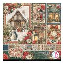 A square paper craft pad cover and front design shown in a clean studio-style layout. The product features multiple Christmas-themed illustrated panels, including a snowy cottage, snowman, mailbox, storefront, lantern, and floral borders.