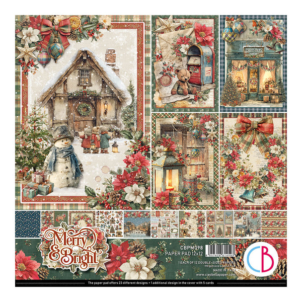 A square paper craft pad cover and front design shown in a clean studio-style layout. The product features multiple Christmas-themed illustrated panels, including a snowy cottage, snowman, mailbox, storefront, lantern, and floral borders.