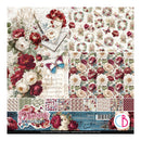 A sheet of Bahoman Bouclé Patterned Paper featuring vintage floral designs, including red and white roses, wreaths, butterflies, and script backgrounds, with a blue patterned border at the bottom containing product details.