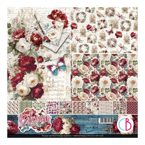 A sheet of Bahoman Bouclé Patterned Paper featuring vintage floral designs, including red and white roses, wreaths, butterflies, and script backgrounds, with a blue patterned border at the bottom containing product details.