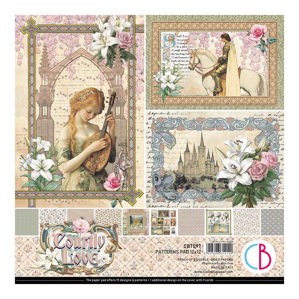 Collection of patterned paper sheets with romantic designs, including a woman playing a lyre, a castle, and floral elements, on a white background.