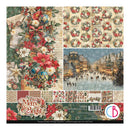 A square paper craft pattern pad cover and preview collage for 'Merry & Bright' by Cathy Brown Designs. The cover features a festive Christmas scene with red poinsettias, ornaments, wreaths, and a snowy village square.