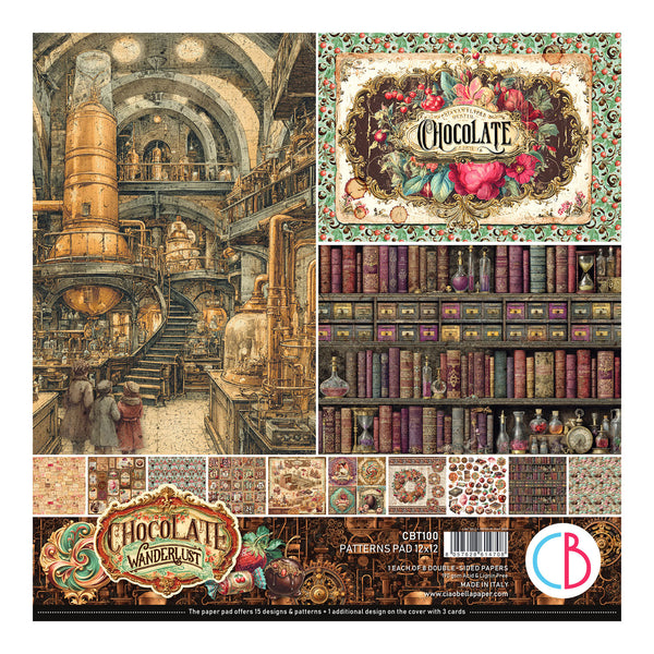A square paper craft pad cover titled 'Chocolate Wonderland' showing a collage of vintage chocolate-themed illustrations, including a large industrial chocolate vat scene, floral chocolate label artwork, bookshelves, and small pattern swatches. The bottom includes branding and product details.